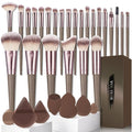 32Pcs Makeup Brushes Set Professional Makeup Kit – Foundation Powder Concealers Blush Eye shadows 25 Pcs Brushes with 4 Makeup Sponge & 3 Powder Puff (Brown)