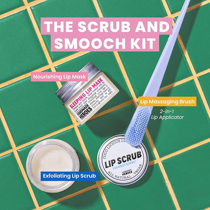 100% Natural Lip Scrub, Vegan Conditioning Coconut Lip Exfoliator - Gentle Exfoliant, Sugar Lip Polish and Lip Exfoliator Scrubber for Chapped and Dry Lips (Bakuchiol 3pc Set)