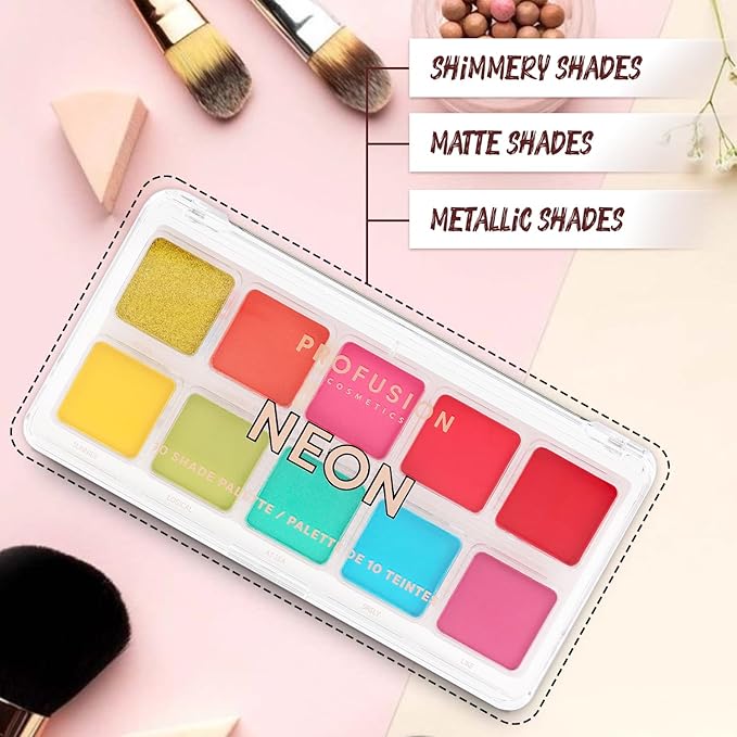 Profusion Cosmetics 10 Shade Eyeshadow Palette - High Pigmented Multi-Finish Colors, Vegan & Cruelty-Free, Create Stunning Looks On-the-Go - Travel-Friendly & Versatile Makeup, Neon