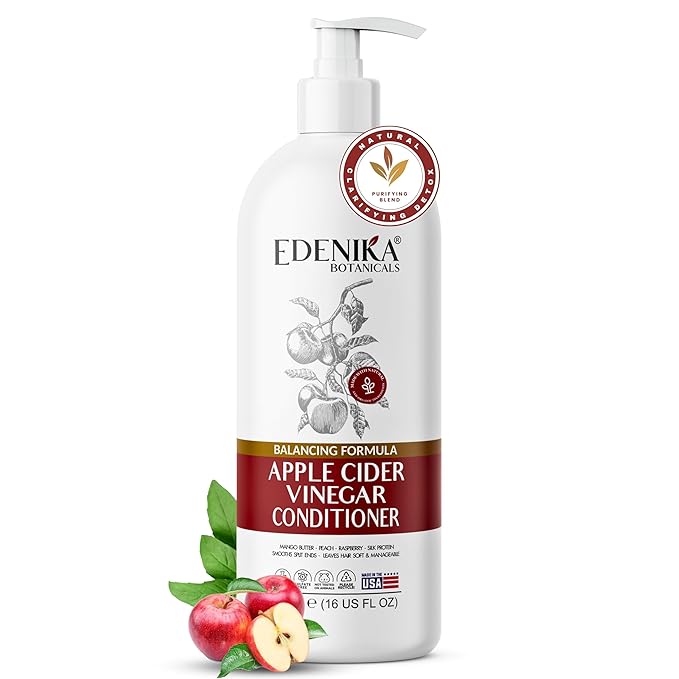Edenika Botanicals Apple Cider Vinegar Conditioner Infused with Peach & Raspberry Oil, Hair Detangler & Hydration, ACV Hair/Scalp pH Balancing, For Locs & Curly, All Hair Types, Sulfate-Free, 16 fl oz