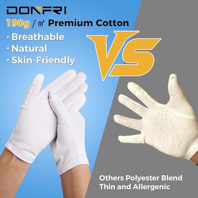 Donfri 2 Pairs White Moisturizing Gloves Overnight Cotton Gloves for SPA, Dry Hands Eczema, Hand Care, Day and Night Healing，Reusable