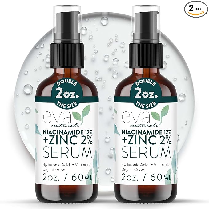 Eva Naturals Niacinamide 12% + Zinc Serum for Face – Dark Spot Remover, Pore Minimizer, Redness Relief, Hydrating Vitamin B3 with Botanical Hyaluronic Acid, Anti-Aging Serum for Clear Skin (2 Pack)