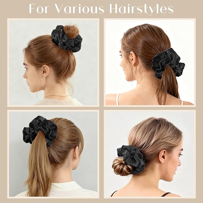 Lolalet Big Satin Scrunchies for Women, 5.9 Inch Large Oversized Scrunchie, Soft Jumbo/Giant Scrunchies Hair Ties for Thick & Curly Hair -4 Pack, All black