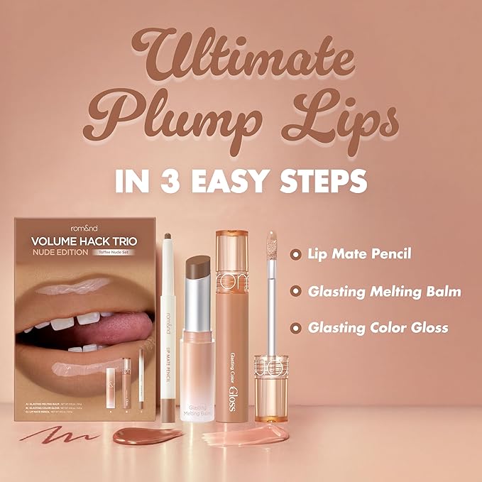 rom&nd Volume Hack Trio Lip Plumping Set - Toffee Nude Edition - 3-Step Liner, Balm & Gloss for Full, High-Shine Pout