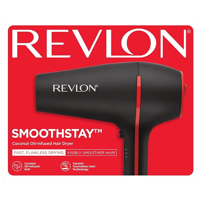 REVLON SmoothStay Coconut Oil Infused Hair Dryer with Diffuser & Concentrator - Ionic Ceramic Blow Dryer for Frizz Control, Shine, Smoothness & Volume, 1875W Lightweight Salon-Quality (Pack of 2)