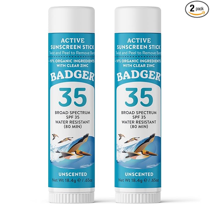 Badger Mineral Sunscreen Face Stick SPF 35, 97% Organic Unscented Zinc Oxide Travel Sunscreen, Coral Reef Safe Travel Size Stick, .65 oz, 2-Pack