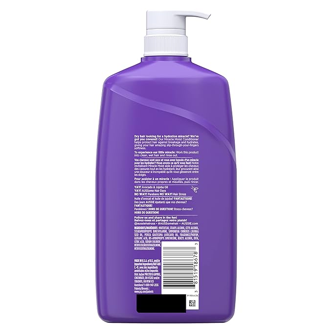 Aussie Miracle Moist with Avocado & Jojoba Oil, Paraben Free Conditioner, 26.2 fl oz (Pack of 2)