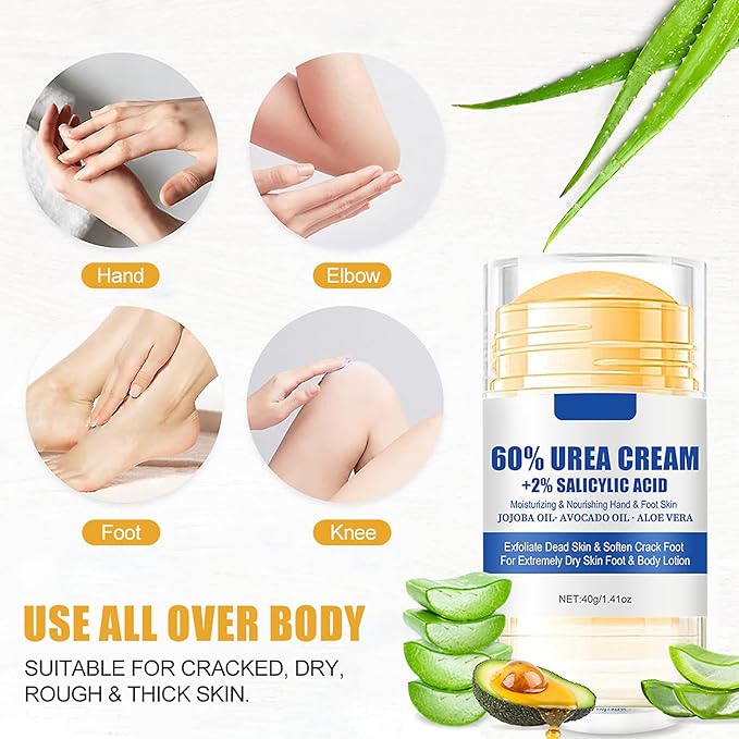 2pcs Urea Cream Stick 60% plus Salicylic Acid 2%, Maximum Strength Urea Foot Cream for Dry Cracked Heels, Feet Callus Remover, Hands Knees Exfoliating Dead Skin, Softening Skin Moisturizer Lotion