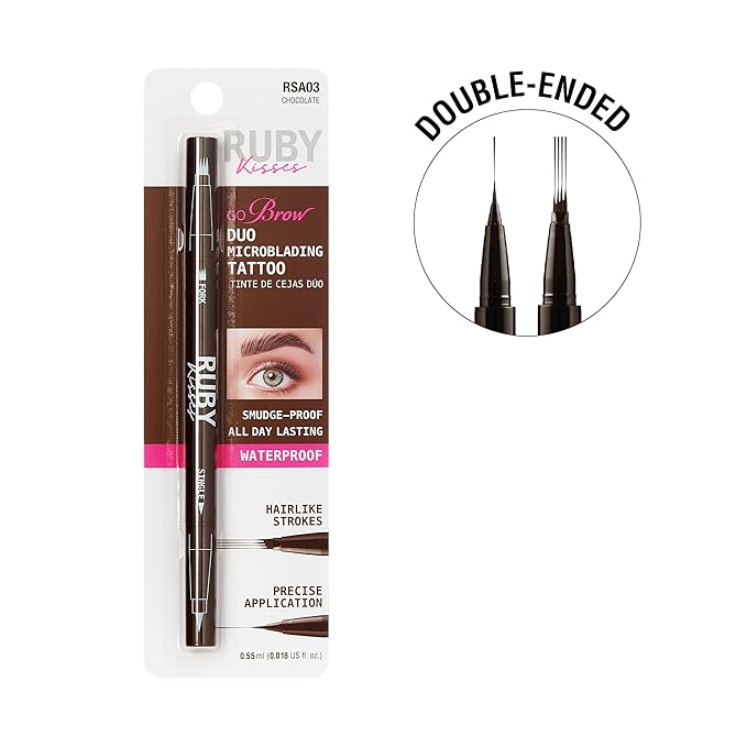 Ruby Kisses Go Brow Microblading Eyebrow Pen, Waterproof Eyebrow Pencil for Women, Dual-Ended Liquid Tattoo Brow Pencil With 4-Fork & Precise Brush Tip for Natural Hair-Like Strokes (Chocolate)