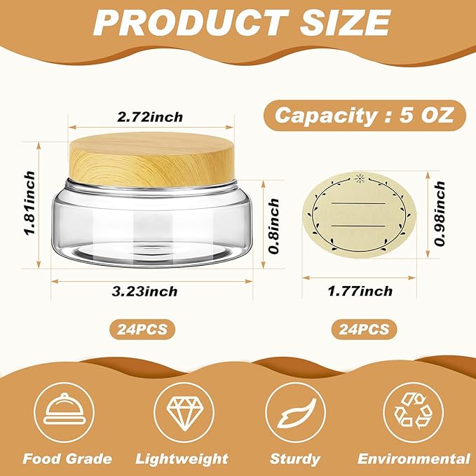 Tessco for you 24 Pack Plastic Jars with Lids Labels Multiuse Slime Containers Empty Body Scrub Jars Round Refillable Cosmetic Body Butter Container for Makeup (5 oz,Clear,Light Beech)