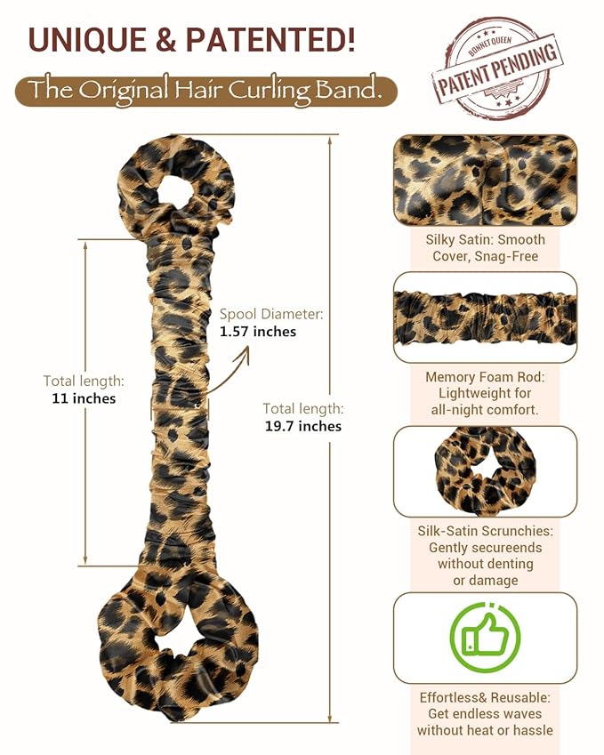 BONNET QUEEN Satin Heatless Hair Curler, Overnight Curls for Long Hair, Ultra Soft Daily Use of Hair Accessories & 2 Scrunchies, Damage-Free Styling, Soft Hair Curlers for Overnight, Leopard