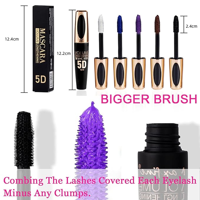 Purple Colored Waterproof Mascara - Long Lasting, Thick, 5D Silk Fiber, SmudgeProof, Volumizing, Lengthening, Curling, Washable, Party & Stage Use