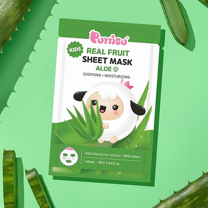 Puttisu Real Fruit Facial Mask Sheet for Kids, Children - Made with 100% Cotton, Moisturize, Sooths and Hydrates Skin (Aloe - Pack of 14)
