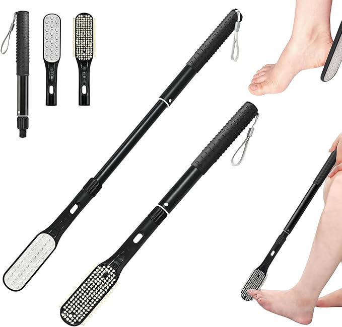 Long Handle Foot Scrubber with Toe Gap Cleaner, 18.8" - 25.9" Telescopic Toe Cleaning Brush, Foot File Callus Remover for Men, Women and Seniors