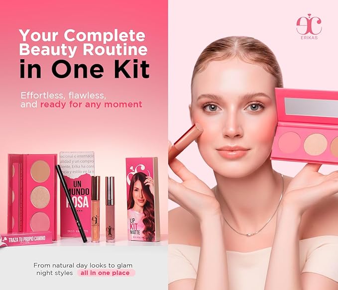 Erikas Cosmetic Makeup Kit – Lip Gloss, Lip Liner, Matte & Liquid Lipstick with Face Contour Palette, Blush & Highlighter, All-in-One Makeup Set