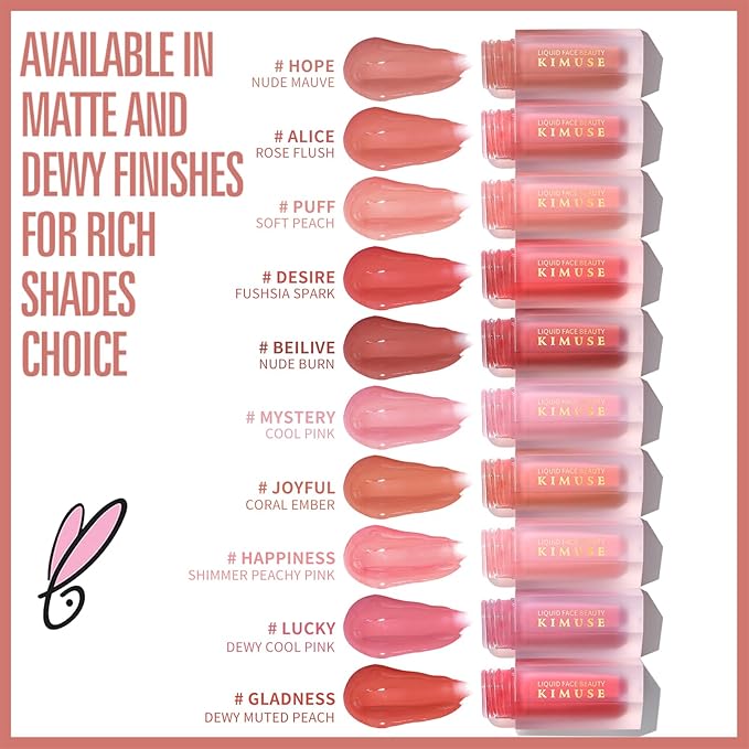 KIMUSE Liquid Blush, Long-Wearing Pigmented Soft Cream Face Blush, Waterproof, Smudge Proof, Dewy Finish