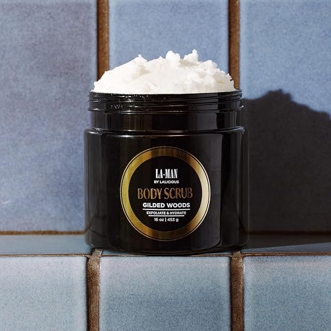 LALICIOUS Gilded Woods LA-MAN Body Scrub | Exfoliating Sugar Scrub for Men | Body Exfoliator for Dead Skin & Optimal Hydration | Pure Cane Sugar + Coconut Oil | Large 16oz