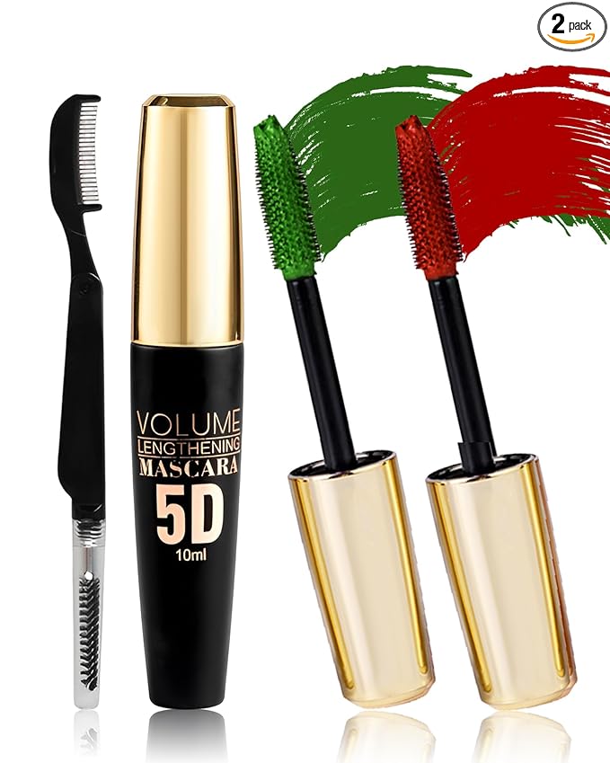 Green Red Waterproof Mascara for Eyelash, 5D Silk Fiber Lashes Extension Colored Tube Mascara with Eyelash Brush, Long Lasting Smudge-proof Volumizing Lengthening, St Patrick's Makeup Gift for Women