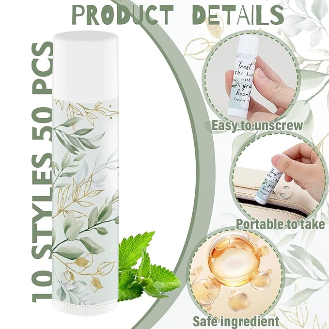 50 Pcs Bible Verse Lip Balm Bulk Christian Gifts for Mother's Day Faith Religious Inspirational Party Favors Catholic Group Gifts Moisturizing Lip Care for Mom Nurse Teacher Worker