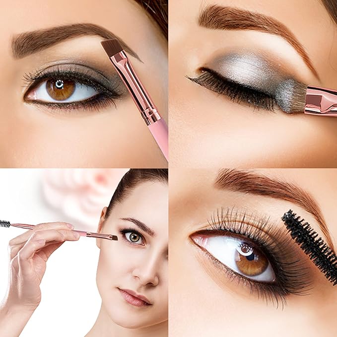 Duo Eyebrow Brush, Spoolie Brush and Angled Brow Brush Eyelash Brush for Eye Makeup. (5pcs, Pink)