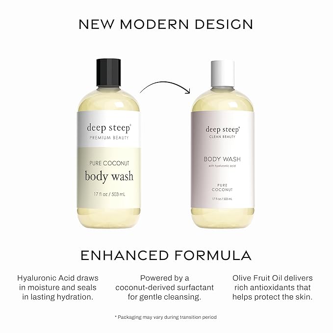 Deep Steep Pure Coconut Body Wash, Hydrating Shower Gel with Hyaluronic Acid & Shea Butter for Sensitive Skin, Bodywash for Women & Men, 17 Fl Oz, 1-Pack