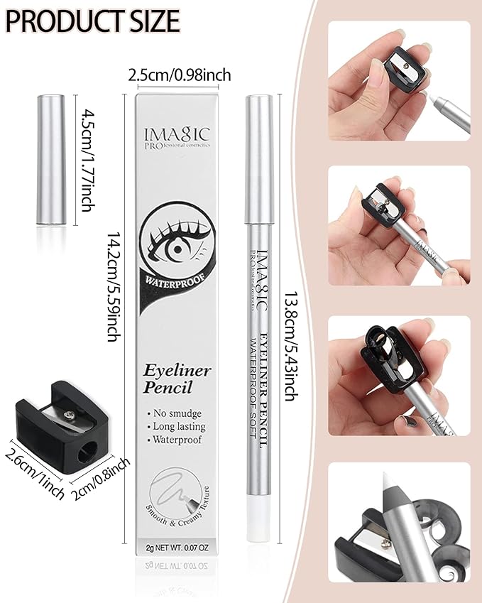 2Pcs White Waterproof Gel Eyeliner Pencils,Highlighter Eye Liner Pencil Matte Long Lasting Super Smooth formula White Eye Liner Eyeshadow Makeup Pens,Eyes Brightener Pencils with Pencil Sharpener