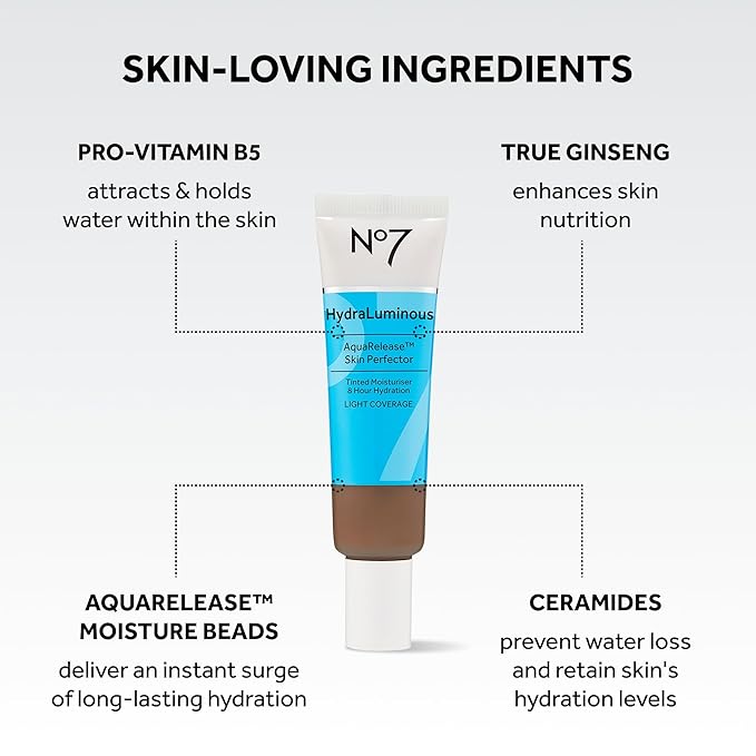No7 HydraLuminous Skin Tint Perfector - Aqua Release Tinted Moisturizer with a Hydrating, Lightweight Formula - Sheer to Light Coverage Face Makeup - Dark (1 Fl Oz)