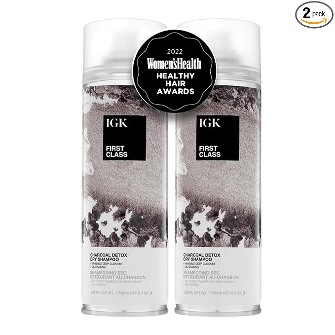 IGK First Class Charcoal Detox Dry Shampoo | Deep Cleansing, Oil & Odor Absorbing | Adds Volume & Texture | For All Hair Types | 6.3 oz (Pack of 2)