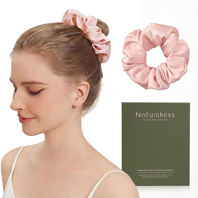 100% Mulberry Silk Hair Ties, Silk Hair Scrunchies for Women, No Damage for Curly Hair (Blush pink,L)