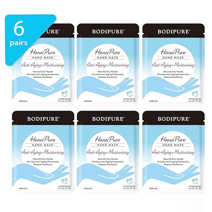 Bodipure HandPure Hand Repair & Anti-Aging Hand Mask – 20-Minute Moisturizing Gloves for Dry, Cracked Hands, Softens Cuticles, Paraben-Free, With Natural Botanical Ingredients (6 Packs)