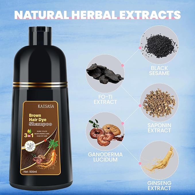 IIIMEIDU Hair Dye Shampoo 3 in 1 for Grey Coverage, Herbal Ingredients Shampoo Hair Dye for Women Men 500ml (Brown)