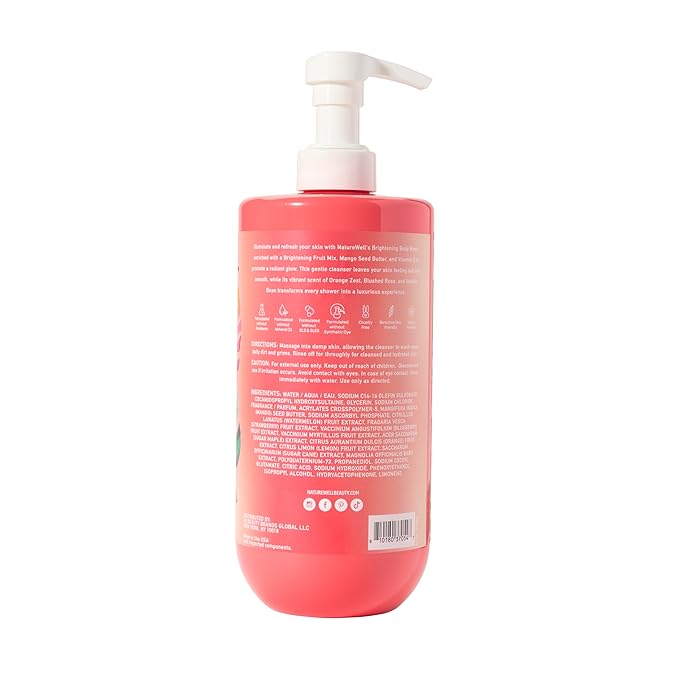 NATURE WELL Brightening Body Wash, Gentle & Creamy Formula Enriched with Mango Seed Butter & Vitamin C, Promotes a Luminous & Healthy-Looking Glow, Orange Zest, Blushed Rose, & Vanilla Scent, 33 Oz