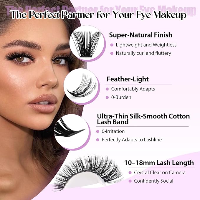 WENDY LASHES Clusters Kit 60D+80D+80D+100D+100D+200D 1680Pcs Wispy Eyelash Clusters 10-18mm Natural DIY Lash Extension Kit D Curl for Beginners