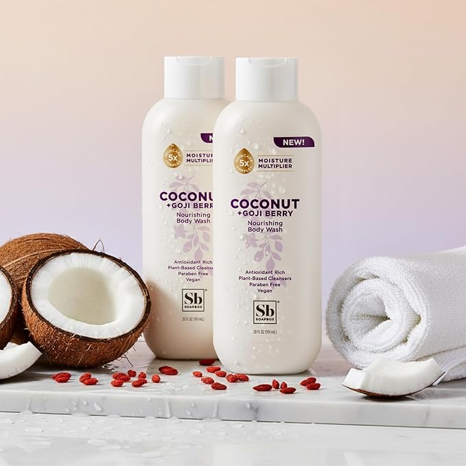 Soapbox Moisturizing Body Wash, Coconut & Goji Berry Shower Gel - Hydrating Natural Body Wash with Shea Butter - Clean Ingredients Free of Harsh Chemicals, Sulfates, Parabens & Silicones - 2 Pack