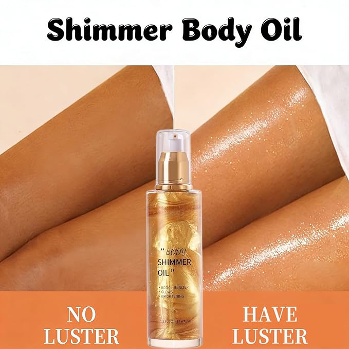Body Shimmer Oil, Glow Glitter Oil, Face Glow Highlighter Illuminator, Shine Glitter Liquid Tanning for Radiant Skin, Body Makeup,Beach Essentials (2# Gold)