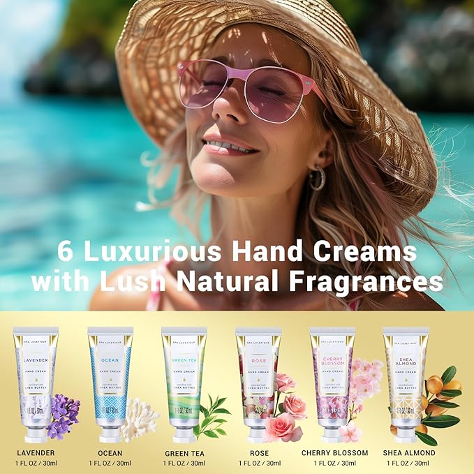 spa luxetique Hand Cream Gift Set, Mothers Day Gifts for Mom, Moisturizing Hand Lotion for Dry Cracked Hands Cream Travel Size, Teacher Appreciation Gift Nurse, Birthday Gifts for Women, 6 x 1 OZ
