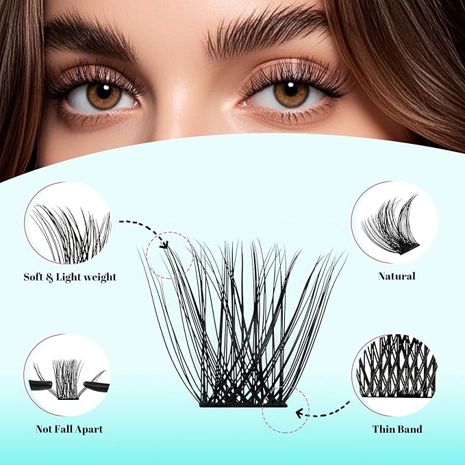 Wispy Lash Clusters Eyelash Extensions 144pcs Individual Lashes Cluster 14mm C Curl Fake Eyelash with Thin Band DIY Cluster Lashes At Home For Beginners (C-14mm)