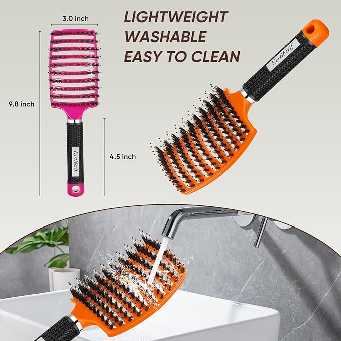 Boar Bristle Hair Brush 2PCS, Curved Vented Detangling Brush for Wet and Dry Hair, Styling Paddle Hairbrush for Women Men Kids Curly Straight Thick Long or Short Hair
