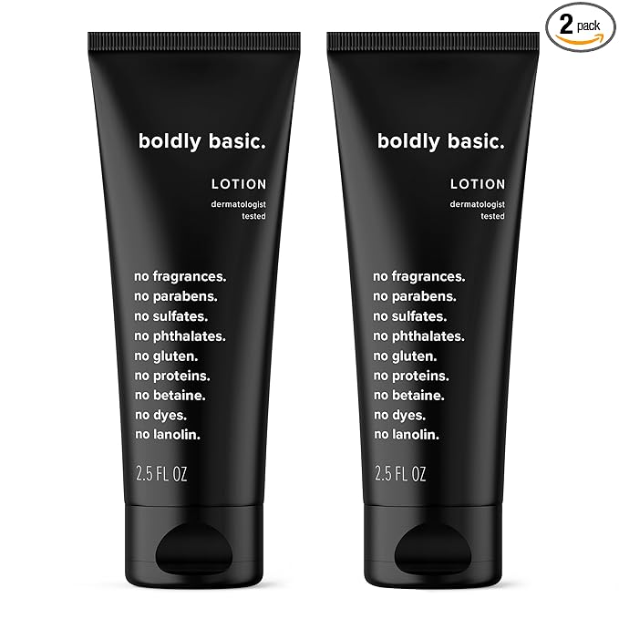 Boldly Basic Fragrance Free Lotion - Moisturizer for Dry and Sensitive Skin - Non Greasy - Unscented - Dermatologist Tested - No Sulfates, Parabens or Gluten - Travel Size 2 Pack (2.5 oz Each)
