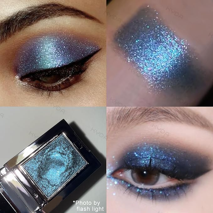 KYDA Chameleon Smoky Blue Eyeshadow, Chameleon Chrome Metallic Eye Shadow, Smooth Pressed Powder Palette, High Pigment Glitter Eyeshadow, Lasting Eye Glitters Makeup with Mirror