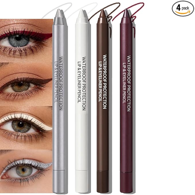 4Pcs Brown White Silver Burgundy Eyeliner Pencil, Sharpenable Gel Eye Liner Pen Smudge proof, Matte Metallic Waterline Eyeliner for Older Women Cream Eyeshadow Stick Pigmented Eye Makeup