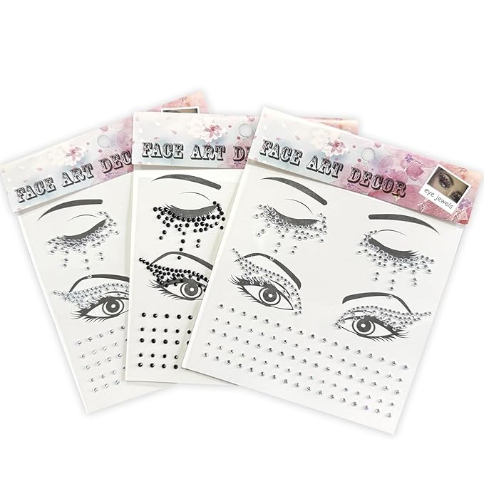 Winged Eyeliner Glam Costume Accessories Face Gems Jewels Eye Crystal Eye Jewels Face Gems Jewels Stick On Tattoo, 3-Pack