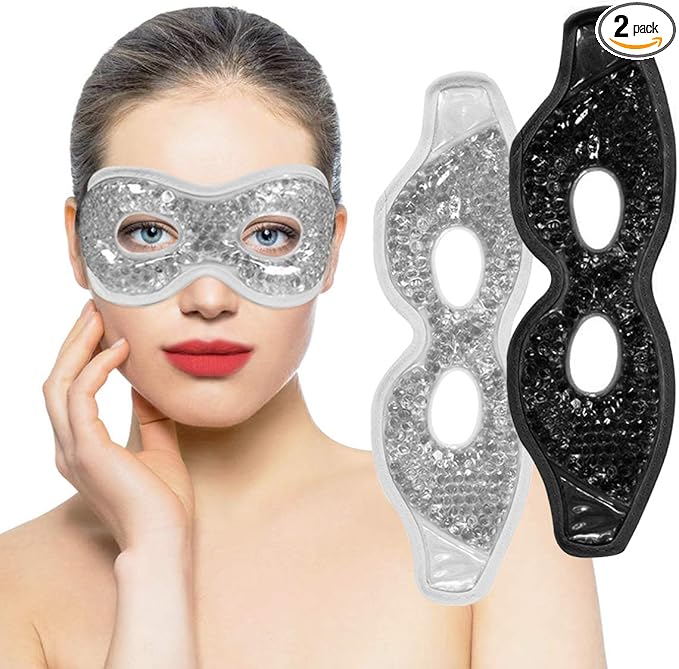 Cooling Gel Eye Mask with Holes, 2PCS Cold Eye Packs for Puffy Eyes & Swelling, Reusable Hot Cold Therapy Compress Heat Ice Gel Pack, Black and Gray