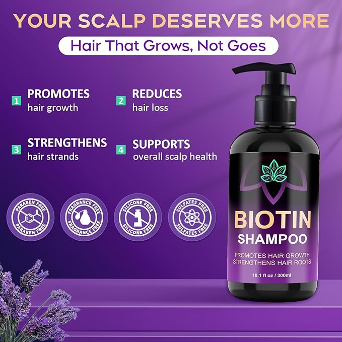 Biotin Hair Growth Shampoo, Hair Loss Shampoo for Thinning Hair for Women & Men, Strengthen Roots, Control Oil & Thicken Thin Hair, Sulfate-Free for All Hair Types, 10.1 Fl Oz-Fresh