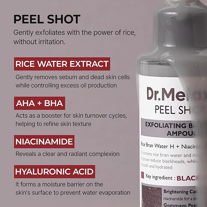 Dr.Melaxin Peel Shot Glow Black Rice Peeling Ampoule – AHA BHA Daily Chemical Exfoliant with Rice Water & Niacinamide, Glass Skin Texture for Dead Skin & Dull Complexion, Korean Skincare 2.7 fl.oz