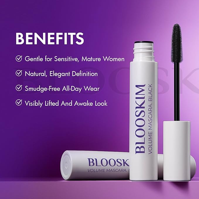 Blooskim Mascara for Older Women 60 Plus: Black Prime Lash Mascara - Prime Mascaras for Mature Women Makeup - Hypoallergenic Non-Clumping Formula for Sensitive Eyes, 5.5g - 2Packs