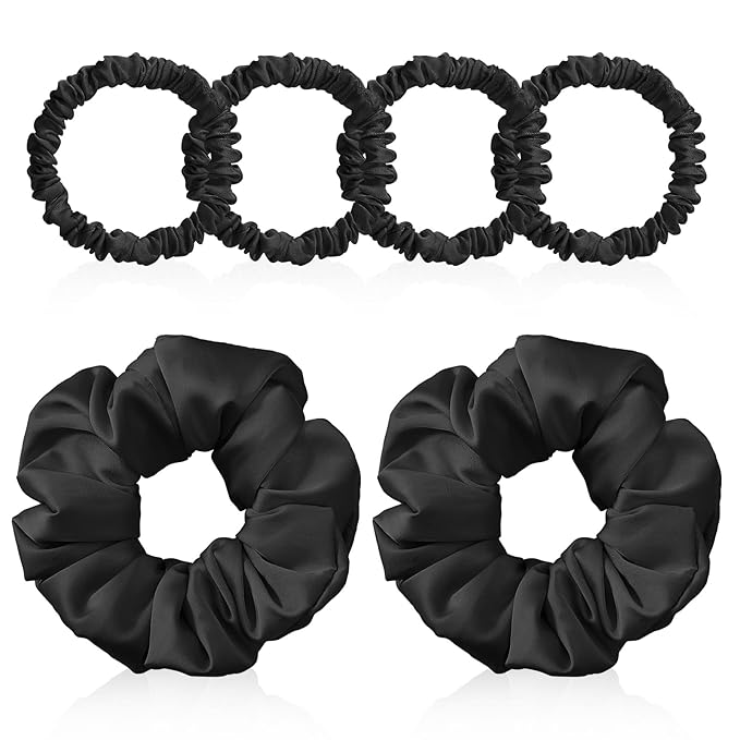 6PCS 100% Mulberry Silk Scrunchies Set, 2 Large and 4 Thin Silk Hair Ties for Women, No Damage Hair Accessories, Black, L