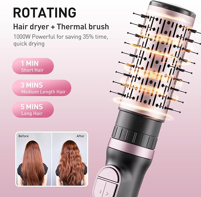 Blow Dryer Brush, 3-in-1 Rotating Hair Dryer Brush with 3 Heads for Drying Styling Volumizing Curling Sleeking in One Step for Long Hair, 3 Temperatures, Negative Ionen, Ceramic Coating, 360° Rotating