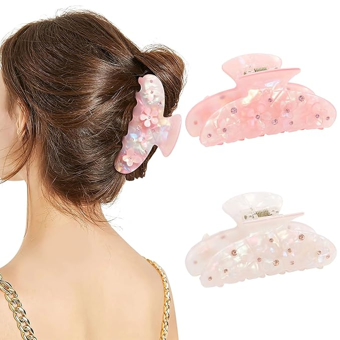 HAIMEIKANG 2Pcs Acrylic Flower Hair Claw Clips - Large for Women, Strong Hold Jaw Clip for Thick Thin Hair, Cute Non-slip Stylish Hair Accessories for Girls