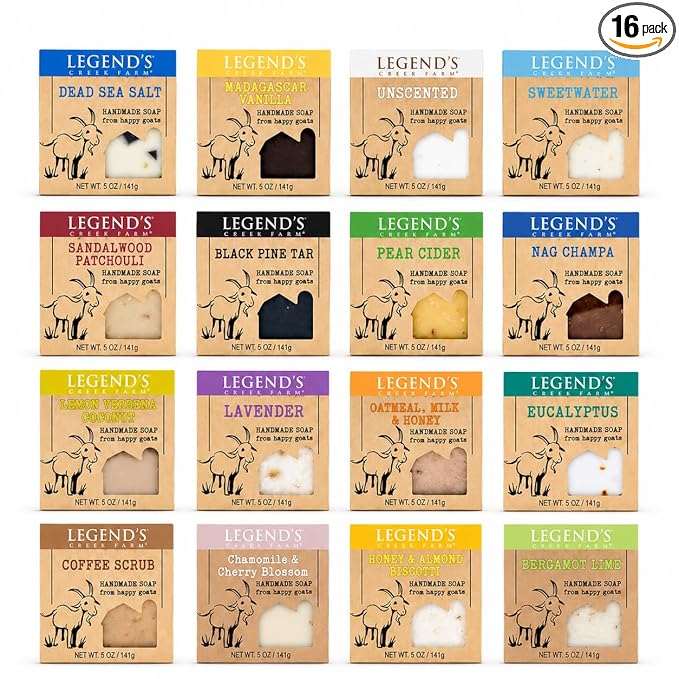 Legend's Creek Farm Goat Milk Soap Variety Pack – 16 Handmade Moisturizing Bar Soaps for Body & Hands – Natural Soap for Sensitive Skin – Made in USA Gift Set – 5 Oz Bars